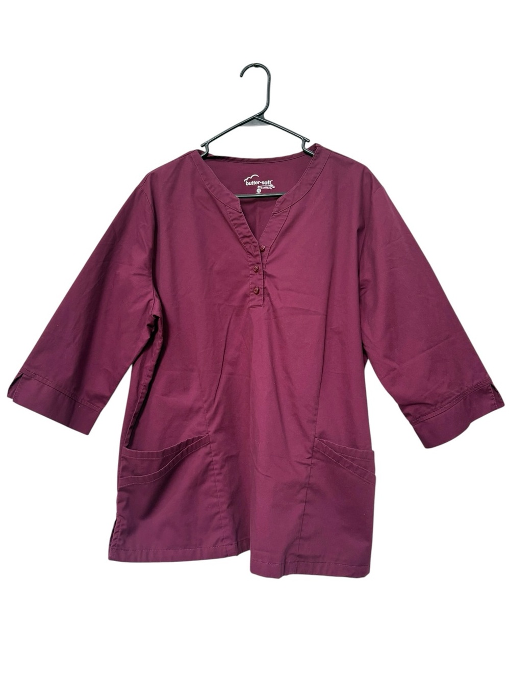 Butter-Soft Stretch Wine Plum Henley Scrub Top XL Double Pocket